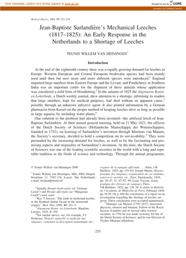 Jean-Baptiste Sarlandie`Re's Mechanical Leeches (1817–1825): an Early Response in the Netherlands to a Shortage of Leeches