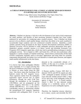 A Cubesat Derived Design for a Unique Academic Research Mission