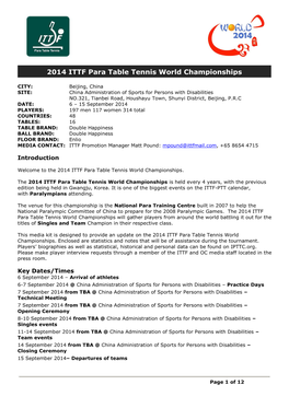 Media Kit 2014 ITTF Para Table Tennis World Championships