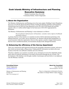 Cook Islands Ministry of Infrastructure and Planning Executive Summary Student Consultant, Haya Thowfeek Community Partner, Timoti Tangiruaine