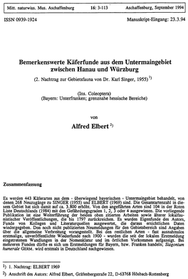Bemerkenswerte Käferfunde Aus Dem Untermaingebiet Zwischen Hanau Und Würzburg (2