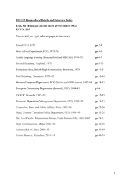 BDOHP Biographical Details and Interview Index Fean, Sir (Thomas