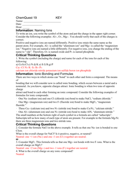 Ionic Bonding and Formulas Critical Thinking