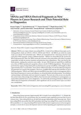 Yrnas and YRNA-Derived Fragments As New Players in Cancer Research and Their Potential Role in Diagnostics