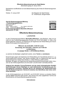 Öffentliche Bekanntmachung Der Stadt Wetzlar (Bereitstellungstag 23