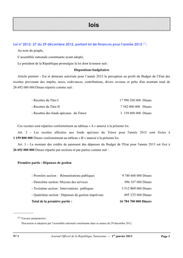 Loi De Finances Pour L'année 2013 Loi 2012-27