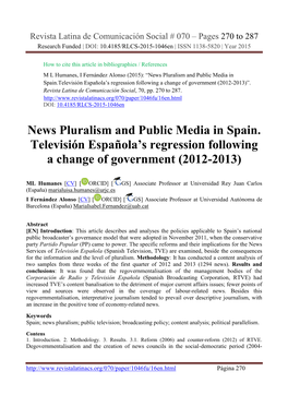 Pluralismo Informativo Y Medios Públicos: La Involución De TVE En El