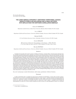 The Lened Emerald Prospect, Northwest Territories, Canada: Insights from Fluid Inclusions and Stable Isotopes, with Implicatons for Northern Cordilleran Emerald