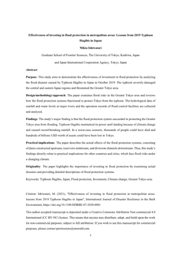 1 Effectiveness of Investing in Flood Protection in Metropolitan Areas: Lessons from 2019 Typhoon Hagibis in Japan Mikio Ishiwa