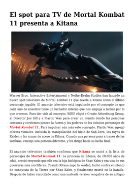El Spot Para TV De Mortal Kombat 11 Presenta a Kitana