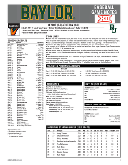 Baseball Game Notes Games 1-3: Utrgv 2016-17 Baylor Basketball Game Notes Baseballgame 1 — Oral Roberts Game Notes