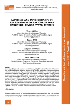 Patterns and Determinants of Recreational Behaviour in Port Harcourt, Rivers State, Nigeria