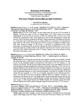 Summary of Contents the Inner Temple Library Manuscripts Collection