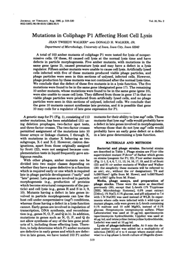 Mutations in Coliphage P1 Affecting Host Cell Lysis