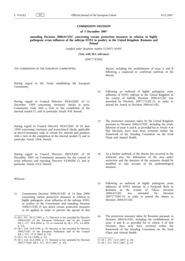 COMMISSION DECISION of 3 December 2007 Amending