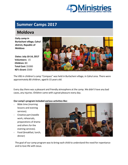 Summer Camps 2017 Moldova Daily Camp in Burlachani Village, Cahul District, Republic of Moldova