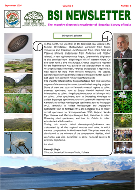 BSI NEWSLETTER Itamcv Survey^ Ndia the Monthly Electronic Newsletter of Botanical Survey of India