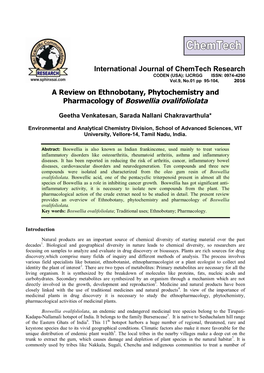 A Review on Ethnobotany, Phytochemistry and Pharmacology of Boswellia Ovalifoliolata