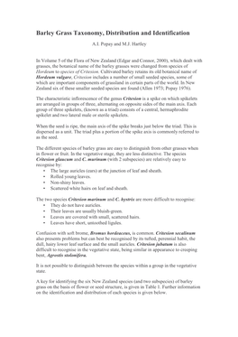 Barley Grass Taxonomy, Distribution and Identification