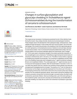 Changes in Surface Glycosylation and Glycocalyx Shedding in Trichobilharzia Regenti (Schistosomatidae) During the Transformation of Cercaria to Schistosomulum