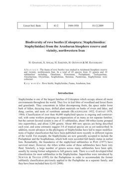 Coleoptera: Staphylinoidea: Staphylinidae) from the Arasbaran Biosphere Reserve and Vicinity, Northwestern Iran