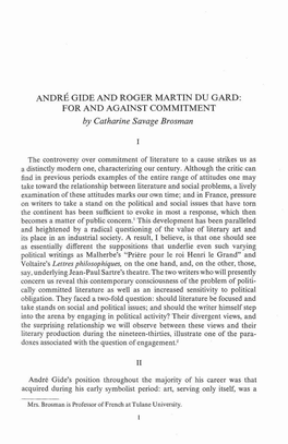 ANDRE GIDE and ROGER MARTIN DU GARD: for and AGAINST COMMITMENT by Catharine Savage Brosman