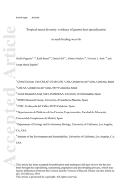 Tropical Insect Diversity: Evidence of Greater Host Specialization