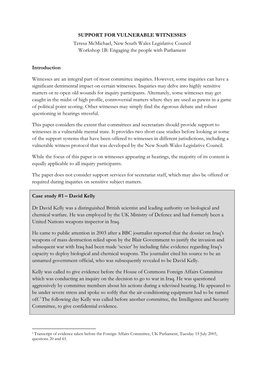 SUPPORT for VULNERABLE WITNESSES Teresa Mcmichael, New South Wales Legislative Council Workshop 1B: Engaging the People with Parliament