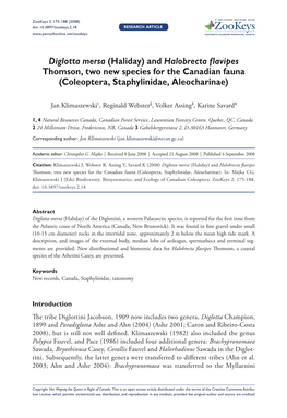 Diglotta Mersa (Haliday) and Halobrecta Flavipes Thomson, Two New Species for the Canadian Fauna (Coleoptera, Staphylinidae, Aleocharinae)