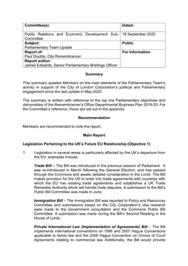 Committee 16 September 2020 Subject: Parliamentary Team Updat