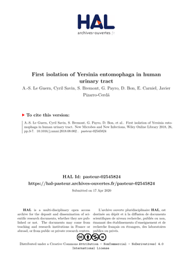 First Isolation of Yersinia Entomophaga in Human Urinary Tract A.-S