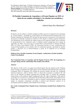 El Partido Comunista De Argentina Y El Frente Popular En 1935: El Inicio De Un Cambio Estratégico Y La Relación Con Socialistas Y Radicales”; Historia Regional