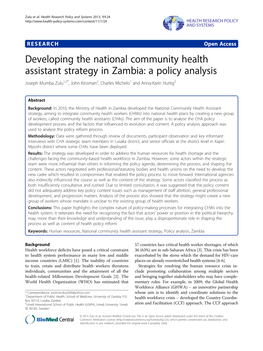 Developing the National Community Health Assistant Strategy in Zambia: a Policy Analysis Joseph Mumba Zulu1,2*, John Kinsman2, Charles Michelo1 and Anna-Karin Hurtig2