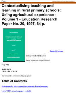 Contextualising Teaching and Learning in Rural Primary Schools: Using Agricultural Experience - Volume 1 - Education Research Paper No