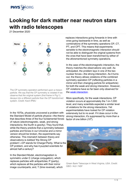 Looking for Dark Matter Near Neutron Stars with Radio Telescopes 21 December 2020