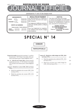 REPUBLIQUE DU NIGER Pour Tout Règlement En Espèces, B.P