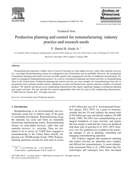 Production Planning and Control for Remanufacturing: Industry Practice and Research Needs