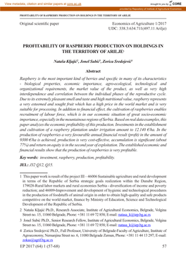 Profitability of Raspberry Production on Holdings in the Territory of Arilje1