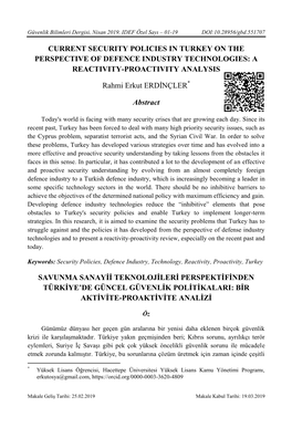 Current Security Policies in Turkey on the Perspective of Defence Industry Technologies: a Reactivity-Proactivity Analysis