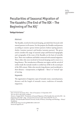 Peculiarities of Seasonal Migration of the Kazakhs (The End of the XIX – the Beginning of the XX)*