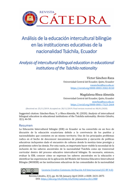 Análisis De La Educación Intercultural Bilingüe En Las Instituciones Educativas De La Nacionalidad Tsáchila, Ecuador