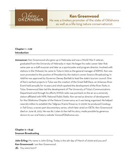 Ken Greenwood He Was a Tireless Promoter of the State of Oklahoma As Well As a Life-Long Nature Conservationist