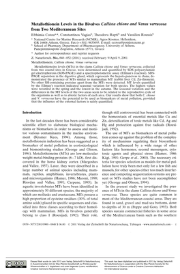 Metallothionein Levels in the Bivalves Callista Chione and Venus