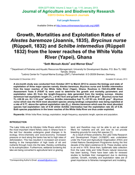 Growth, Mortalities and Exploitation Rates of Alestes Baremoze (Joannis, 1835), Brycinus Nurse (Rüppell, 1832) and Schilbe Inte