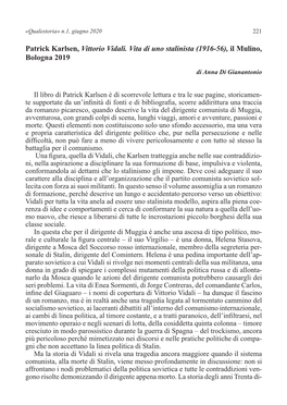 Patrick Karlsen, Vittorio Vidali. Vita Di Uno Stalinista (1916-56), Il Mulino, Bologna 2019