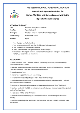 JOB DESCRIPTION and PERSON SPECIFICATION House-For-Duty Associate Priest for Bishop Monkton and Burton Leonard Within the Ripon