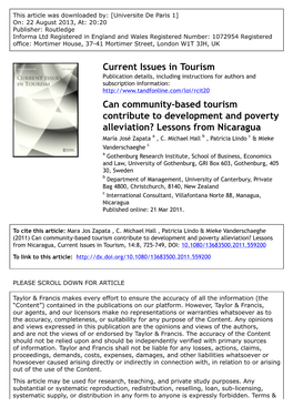 Can Community-Based Tourism Contribute to Development and Poverty Alleviation? Lessons from Nicaragua María José Zapata a , C