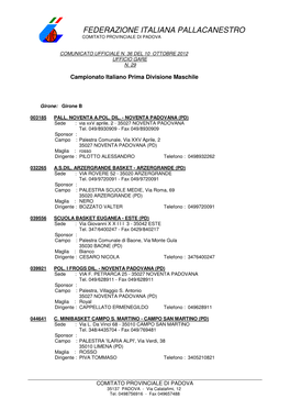 Federazione Italiana Pallacanestro Comitato Provinciale Di Padova