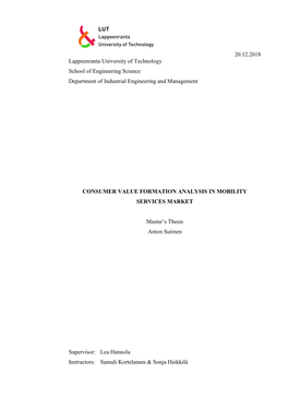 20.12.2018 Lappeenranta University of Technology School of Engineering Science Department of Industrial Engineering and Management