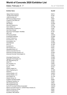 World of Concrete 2020 Exhibitor List Dates: February 4 - 7 As of 1/22/2020